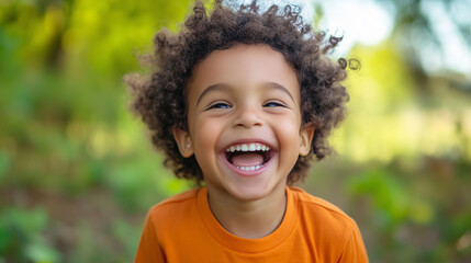 Radosne dziecko bawiące się na świeżym powietrzu, uśmiechnięte od ucha do ucha. 