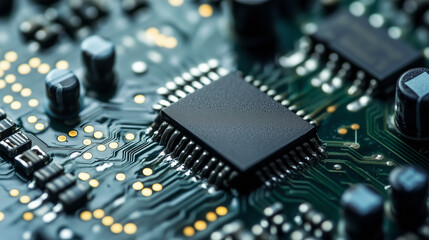 Zintegrowany mikrochip w detalach, z widocznymi układami scalonymi i miniaturowymi komponentami. Jego skomplikowana struktura ukazuje inżynieryjny kunszt oraz zaawansowaną technologię.