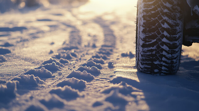 Close-up of a car tire leaving tracks on a snow-covered road during sunrise, capturing the cold winter morning and travel conditions.

 - Powered by Adobe