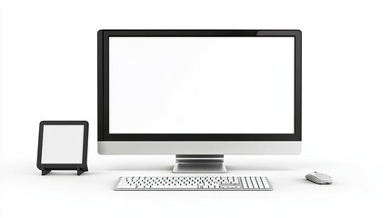 Fototapeta premium A clear image of a desktop computer and television with bright white screens on a plain white background, perfect for showcasing modern tech or mockup designs.