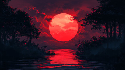 Fototapeta premium Zachód słońca w intensywnych czerwonych barwach tworzy hipnotyzujący widok nad horyzontem.