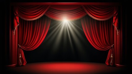 A theater stage with red curtains and a spotlight, ready for a performance.
