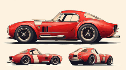 Fototapeta premium Retro sport car. Hand drawn car front back top and side view. Vector illustration