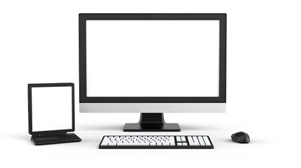 Fototapeta premium A clear image of a desktop computer and television with bright white screens on a plain white background, perfect for showcasing modern tech or mockup designs.