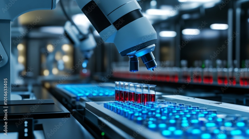 Poster A high-tech laboratory is equipped with sophisticated microscopes examining test tubes filled with vibrant red liquid