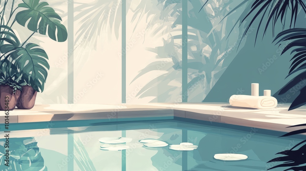 Poster a computer generated image of a pool with a palm tree in the background