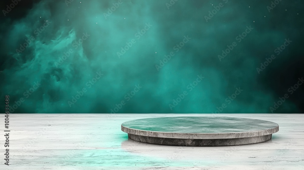 Poster empty stage with teal background and round platform
