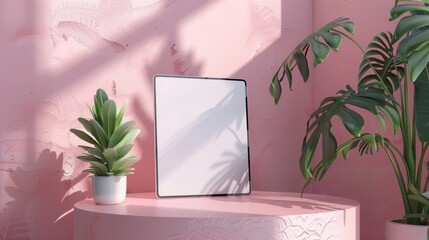 Monstera Deliciosa houseplant with large green tropical leaves displayed on a wooden shelf against a soft pink wall  An empty frame is placed next to the potted plant creating a minimalist