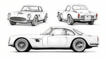 Fototapeta premium Retro sport car. Hand drawn car front back top and side view. Vector illustration