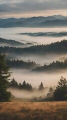 Fototapeta premium A foggy morning sky with thick clouds hanging low, shrouding distant hills and creating a peaceful, quiet scene 