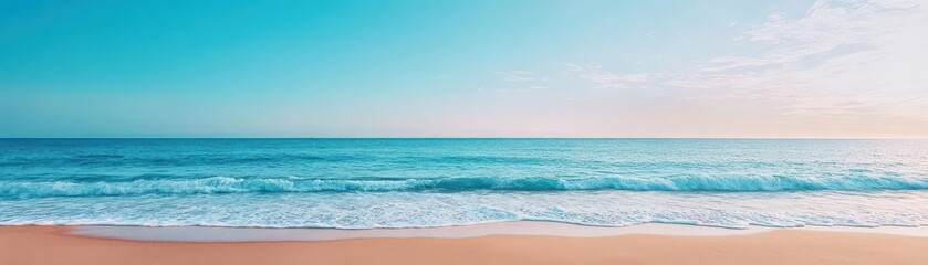 Obraz premium A tranquil beach at dawn, waves gently lapping the shore, capturing inner peace and mindfulness, pastel colors, soft lighting, minimalist