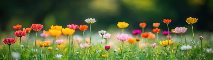 Obraz premium A vibrant spring meadow with blooming flowers, reflecting joy and renewal, bright colors, impressionistic style, lively and fresh