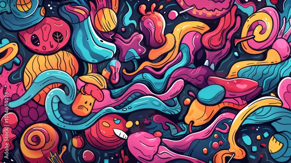 Poster A vivid and dynamic abstract artwork featuring a variety of colorful shapes and patterns, creating an energetic and lively visual experience.