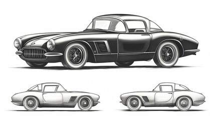 Retro sport car. Hand drawn car front back top and side view. Vector illustration