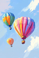 Fototapeta premium colorful hot air balloon in blue sky background, watercolor illustration