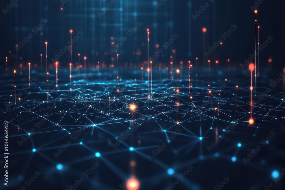 Aufkleber an abstract digital network growing across a dark background, representing the spread of knowledge, 