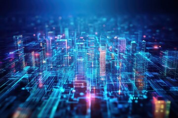 Obraz premium Aerial view of a sprawling metropolis, modern architecture, flowing holographic data across buildings, digital art, vibrant colors