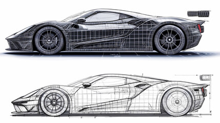 Naklejka premium set of racing car line art draw blueprint wireframe from all side view. isolated on transparent background
