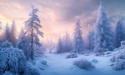 Snowy forest scene at sunrise.