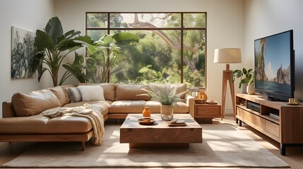 Bright Living Room with TV on the Wall and Mid-Century Modern Touches