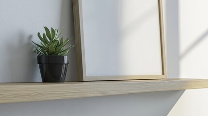 Close-up of a mockup poster frame on a sleek white wall, with a wooden shelf and small potted plant underneath.