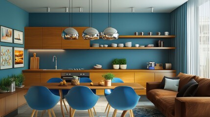 Chic living space with amber kitchen cabinets, wooden shelves, marine blue walls, platinum pendant lights, chocolate brown sofa, and sky blue dining chairs