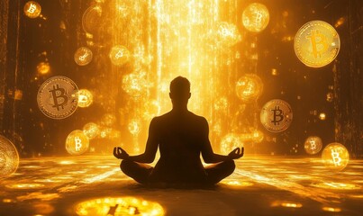 Silhouette meditating in a shower of Bitcoin.