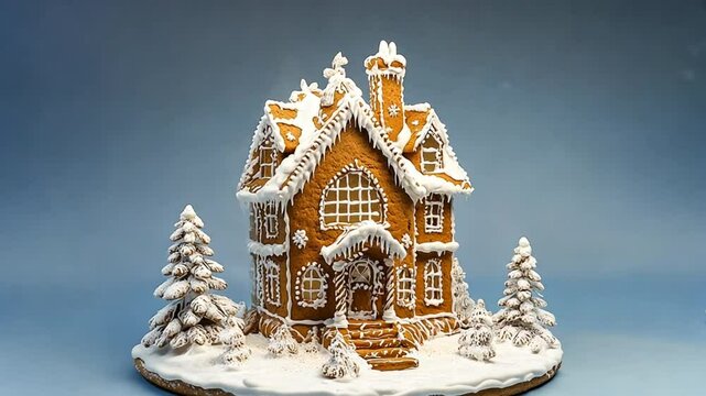 traditional gingerbread house on a pastel blue background, festive