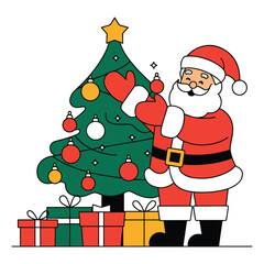 Santa Claus decorating a Christmas tree, surrounded by festive ornaments and gifts, in a cheerful clipart style.