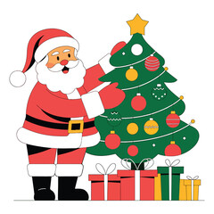 Santa Claus decorating a Christmas tree, surrounded by festive ornaments and gifts, in a cheerful clipart style.