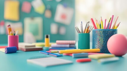 Obraz premium Classroom table with neatly arranged school supplies, organized learning, 3D illustration