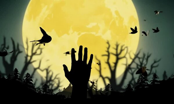 Human hand climbs out of the ground and a yellow moon and shields of trees and flying mice behind