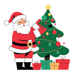 Santa Claus decorating a Christmas tree, surrounded by festive ornaments and gifts, in a cheerful clipart style.