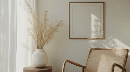 Minimalist mockup frame close-up in a stylish living room with a vase of dried flowers and neutral decor.