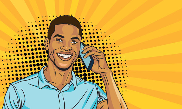 Vector colored pop art comic style illustration of a man talking on a mobile phone. Successful businessman with a phone in his hand