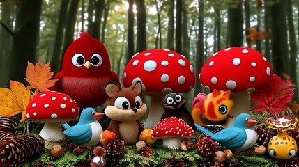 Fototapeta premium Cute Cartoon Animals in Autumn Forest with Mushrooms