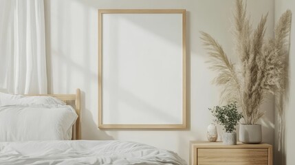 Mockup frame in a minimalist bedroom interior with soft white bedding, a wooden nightstand, and a decorative plant in the corner.