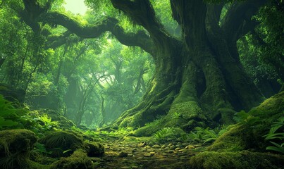 A mossy forest with large trees and green foliage.