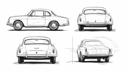 Retro sport car. Hand drawn car front back top and side view. Vector illustration
