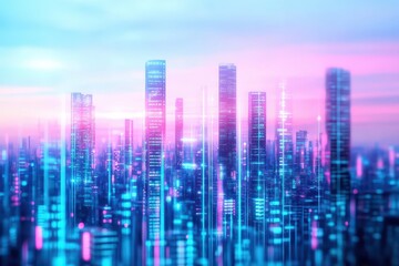 Obraz premium Metropolis at dawn, towering skyscrapers with digital holograms, soft pastel colors, futuristic cityscape, 3D rendering