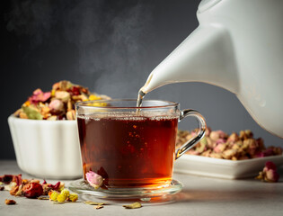 Hot herbal tea is poured into a mug.