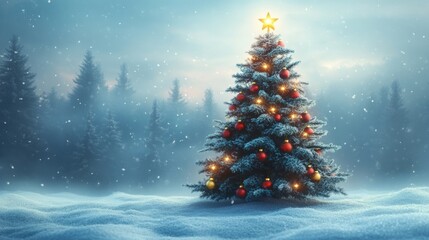 Festive Christmas Tree in Snowy Winter Landscape