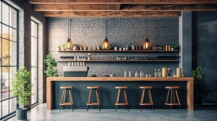 A contemporary cafe space with wooden bar stools, modern counter design, and a rustic touch with wooden beams across the ceiling.