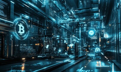 Fototapeta premium Futuristic city with glowing bitcoin symbol.