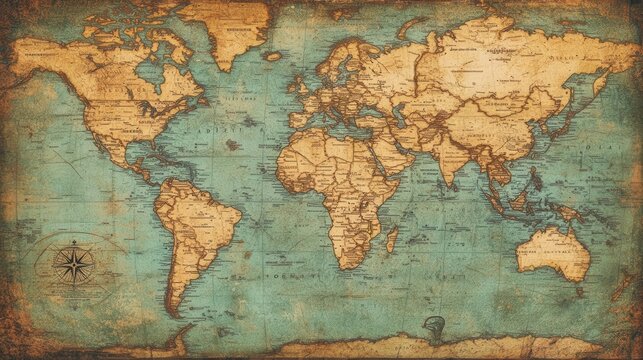 Fototapeta A vintage world map with old ornaments and display settings, symbolizing travel or adventure