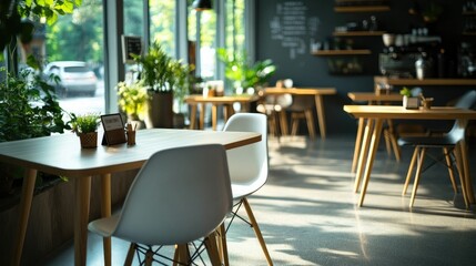 Fototapeta premium A modern cafe with minimalist design, featuring sleek wooden tables and chairs, surrounded by bright natural light and simple decor.