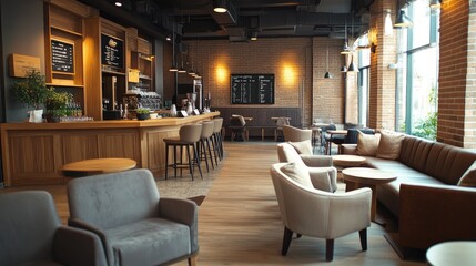 A modern cafe lounge area with wood furniture, neutral tones, and industrial lighting, creating a chic and rustic atmosphere.