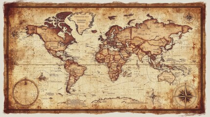 Fototapeta premium A vintage world map with old ornaments and display settings, symbolizing travel or adventure