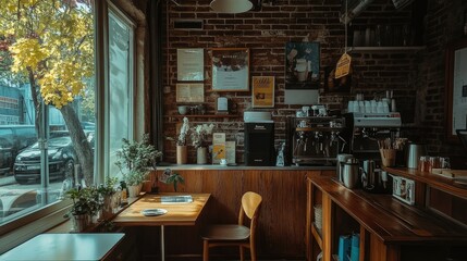 A small coffee shop nook with brick walls, a wood-paneled counter, and cozy seating by the window, natural light streaming in.