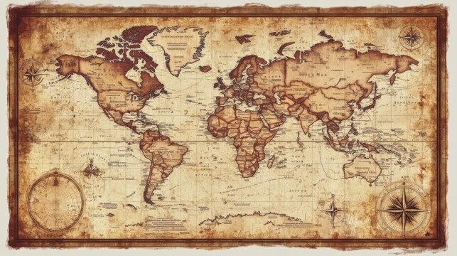 Fototapeta A vintage world map with old ornaments and display settings, symbolizing travel or adventure